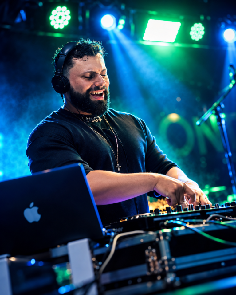 DJ Andrez tocando sob a iluminação do palco