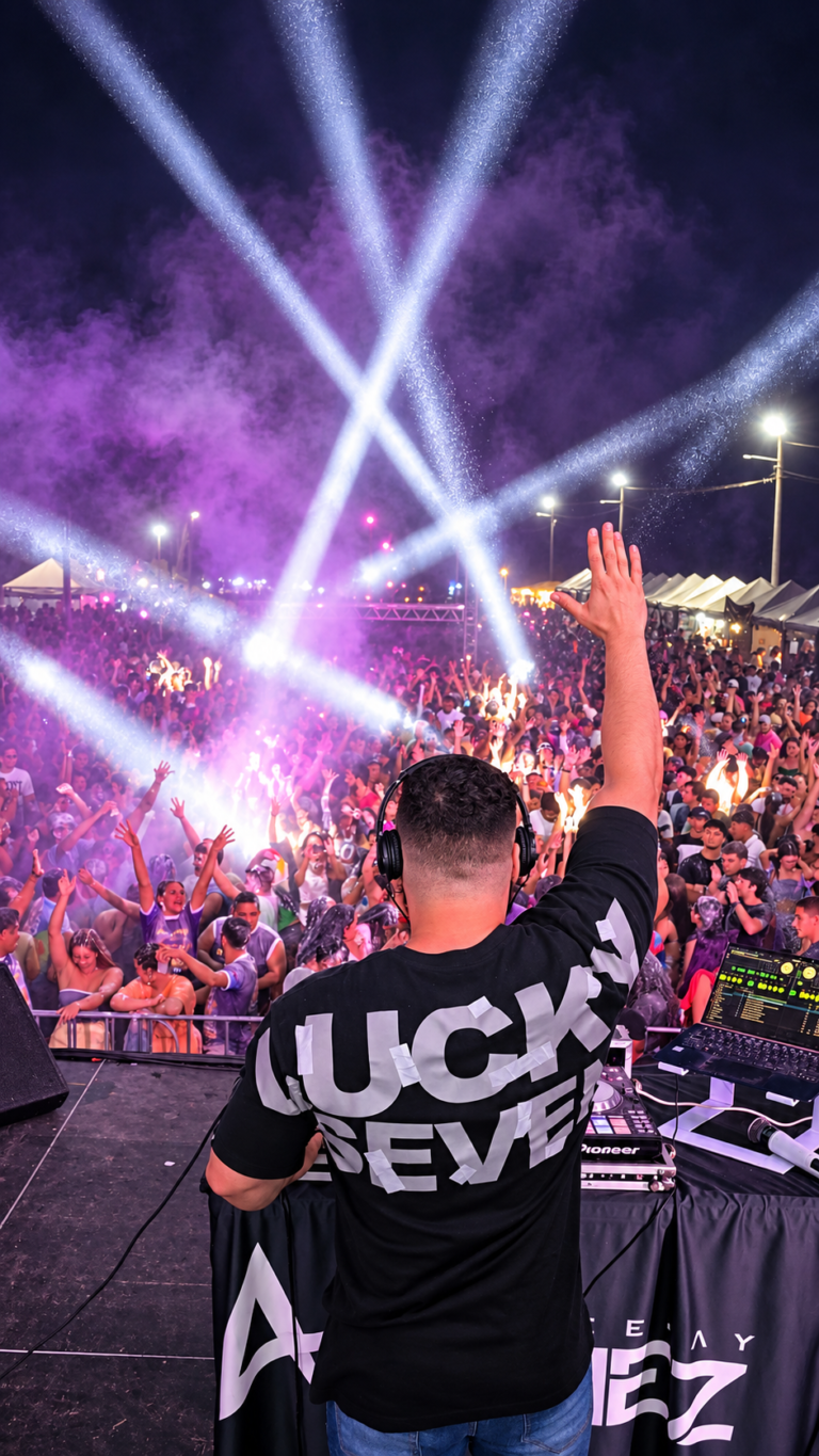 DJ Andrez diante do público com feixes de luz cruzando a pista
